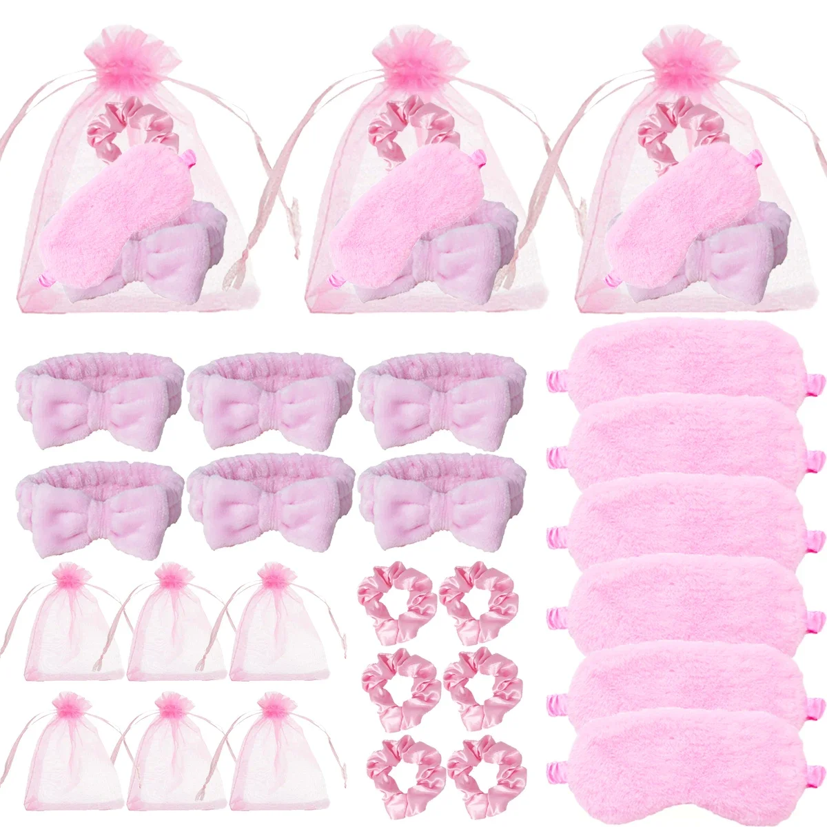 24PCS Pajama Party Set – Wedding Gift Kit with Headband, Plush Sleep Goggles & Gift Bag, for Real Hair Wigs