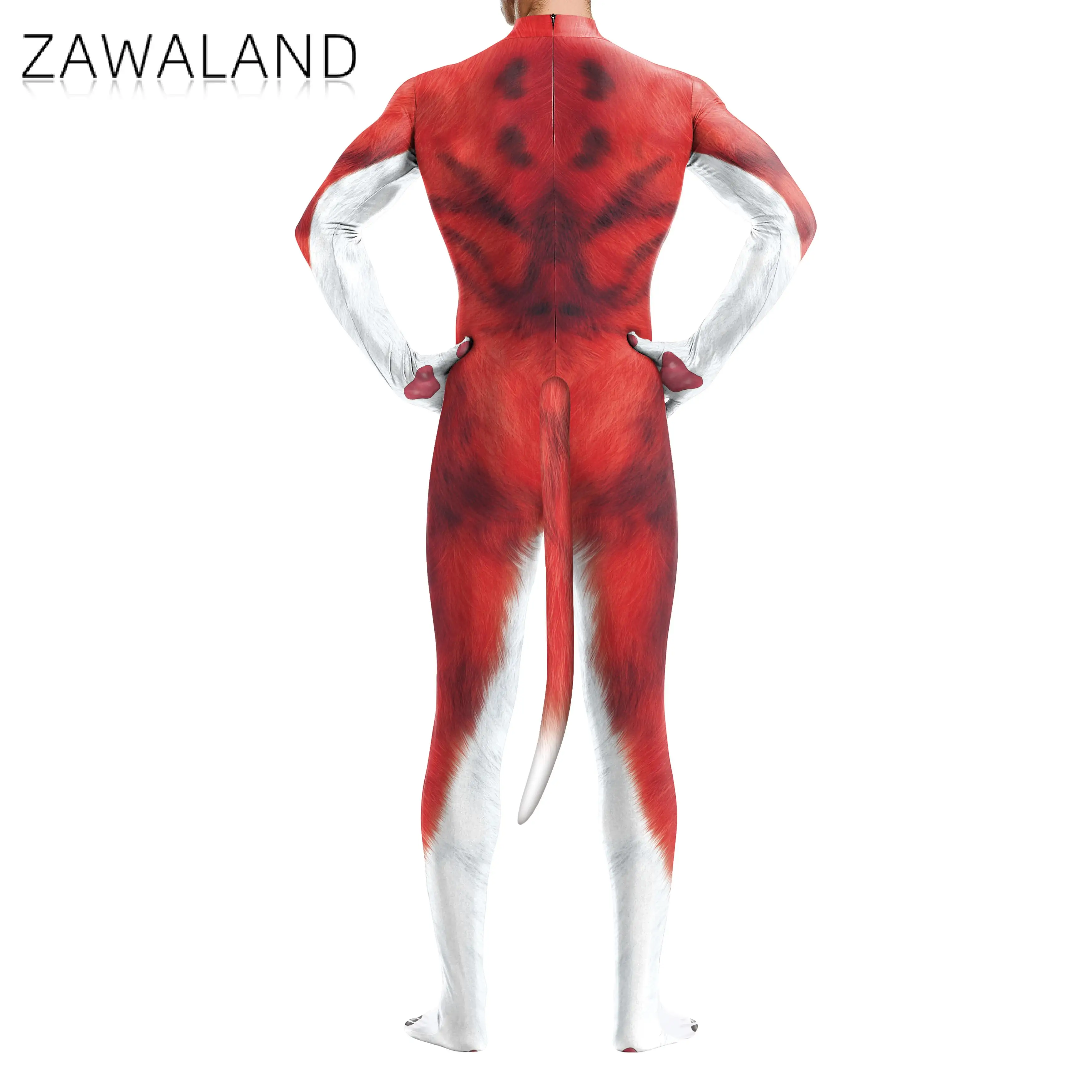 Zawaland Heren Rode Husky Petsuit Volledig Cover Dierenkostuum Volwassen Kinderen Carnaval Purim Feestkleding Met Staart Zentai Pak