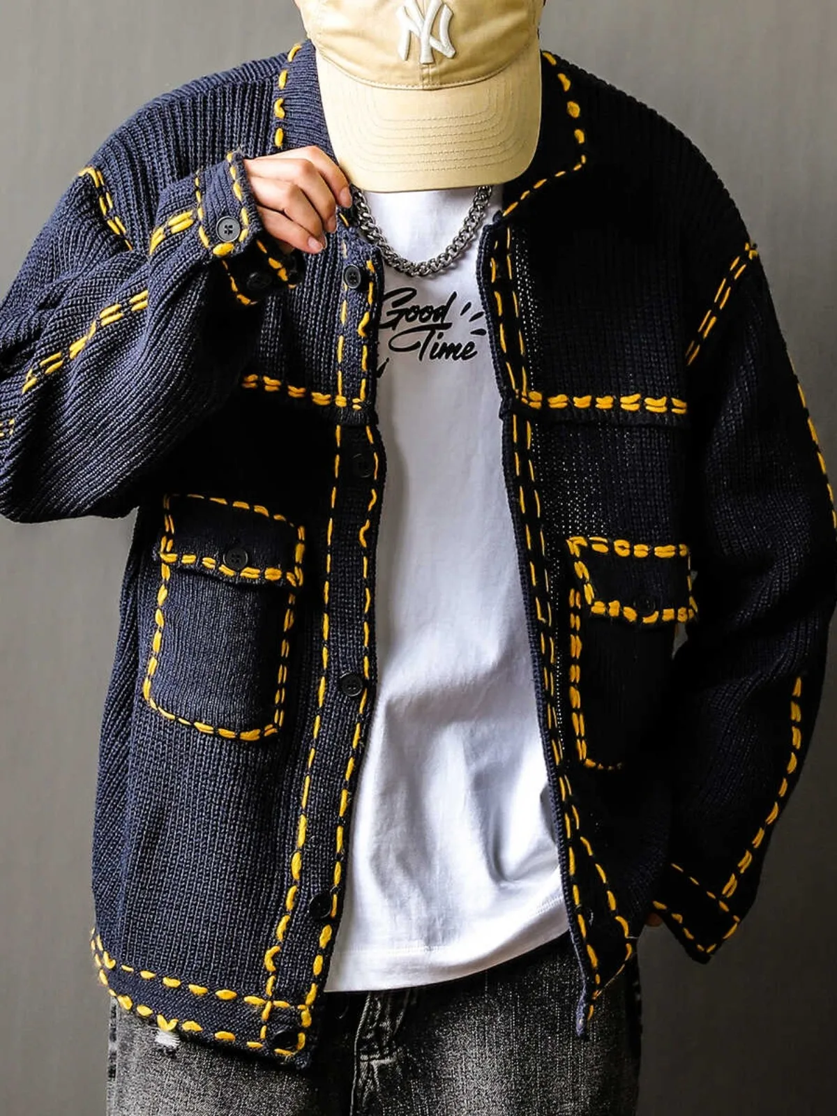 الصناعة الثقيلة الأمريكية الرجعية الرجال فضفاضة كبيرة معطف غير رسمي الربيع والخريف طوق سترة محبوكة