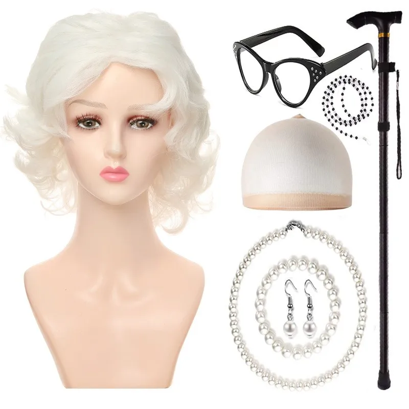 Peluca de rendimiento loween Par Cos, auriculares andma ort Wave Curl Hair, traje Par de mediana edad y ly