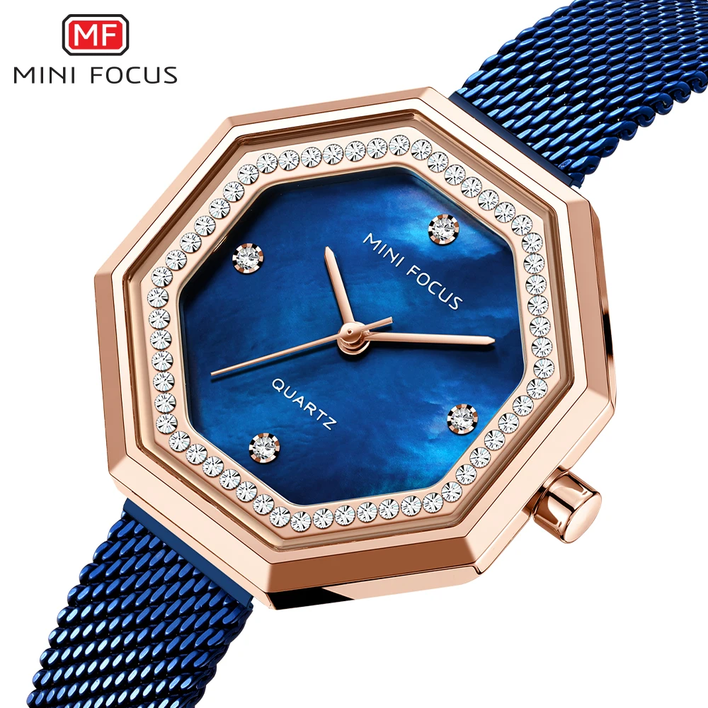 

Fashion Heptagon Iced Out Watch for Women Luxury Brand Elegant Quartz Ladies Watches Mesh Stainless Steel Strap Business Clock