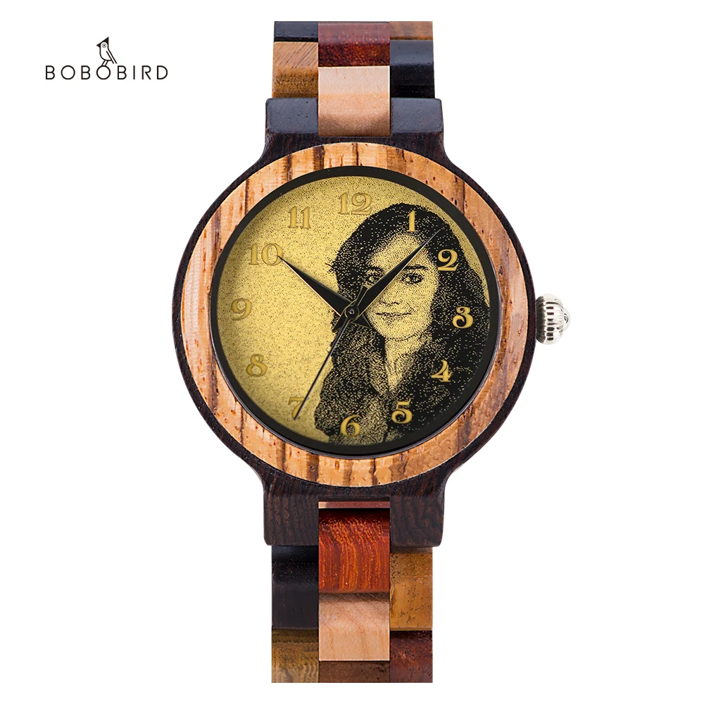 BOBO BIRD นาฬิกาไม้แบบกำหนดเองสำหรับผู้ชายและผู้หญิงส่วนบุคคลภาพข้อความแกะสลักไม้ธรรมชาตินาฬิกาข้อมือควอตซ์ของขวัญดรอปชิป