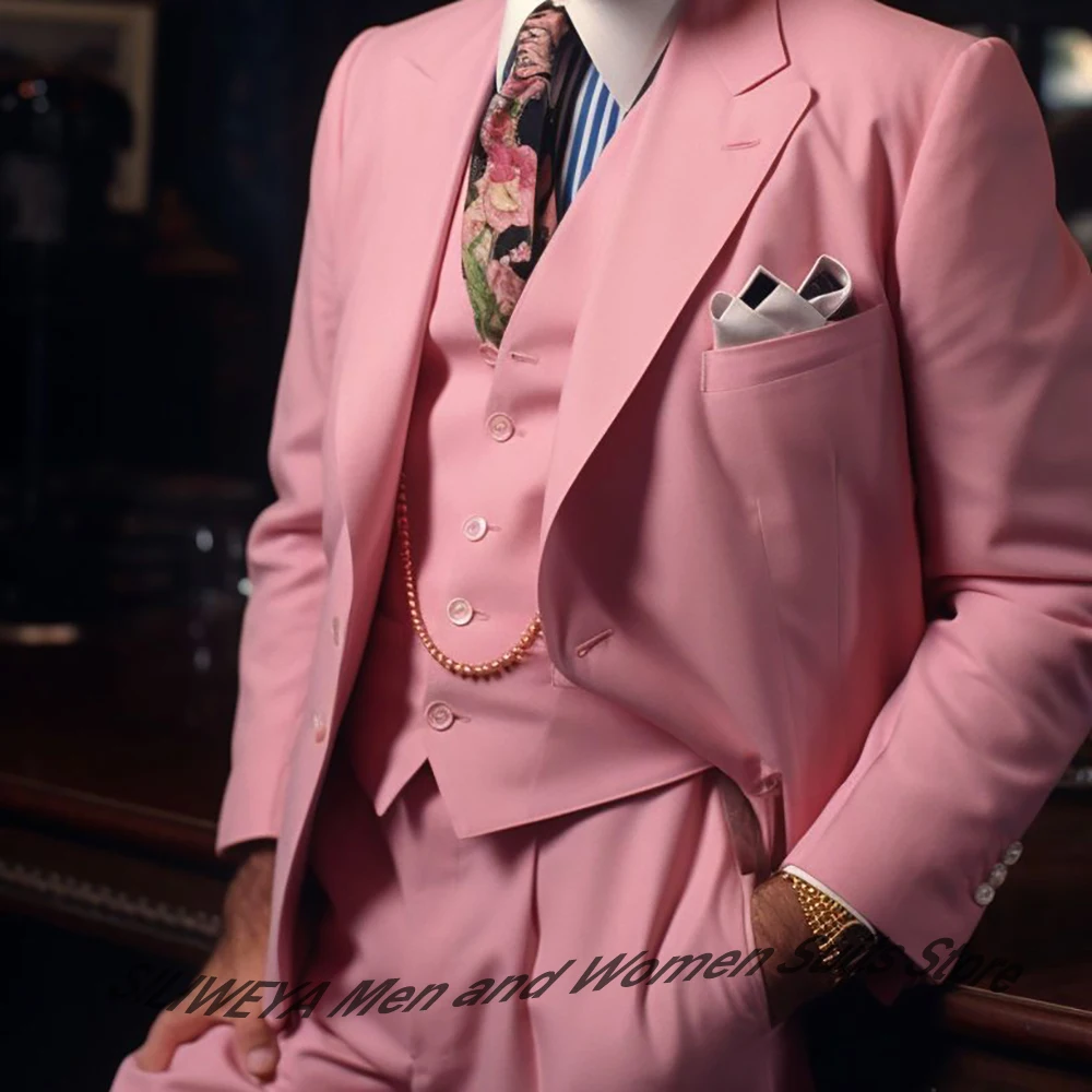 

Формальные мужские розовые костюмы из 3 предметов с лацканами, однобортный пиджак + брюки + жилет, мужские комплекты для свадебной вечеринки, вечернего банкета, смокинга