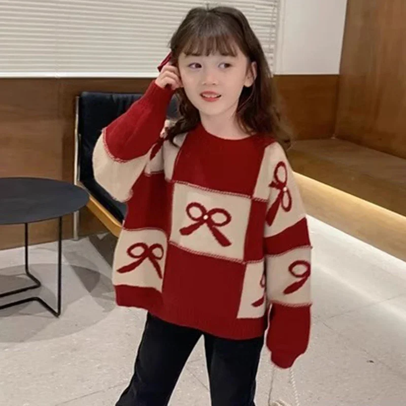 Girls Christmas Sweaters Autumn Winter Colour Matching Bowtie Knit Print Xmas Pullover For 4-12Y Teen Kids Warm Knitwear Top