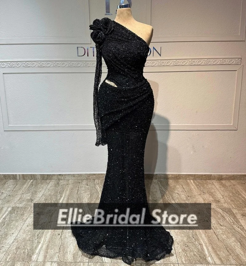 

Black One Shoulder Evening Dresses Exquisite Sequin Beaded Long Mermaid Prom Dress 2025 Vestidos De Gala Female Customized