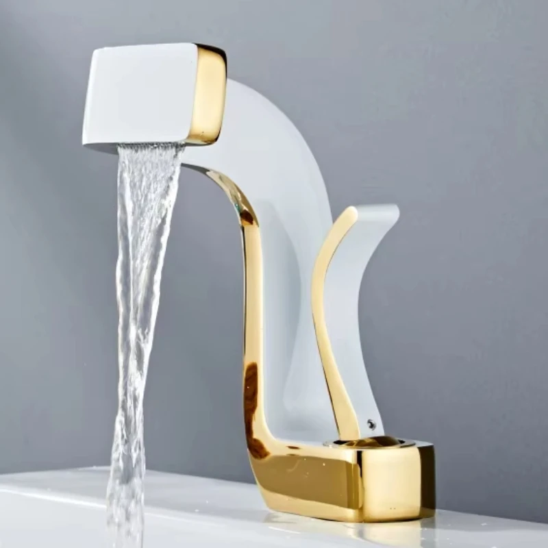 New Design Art Basin Faucet Luxury Bathroom Sink Waterfall Mixer Tap Hotel Single Handle Brass White Golden Black Gold Hot Cold