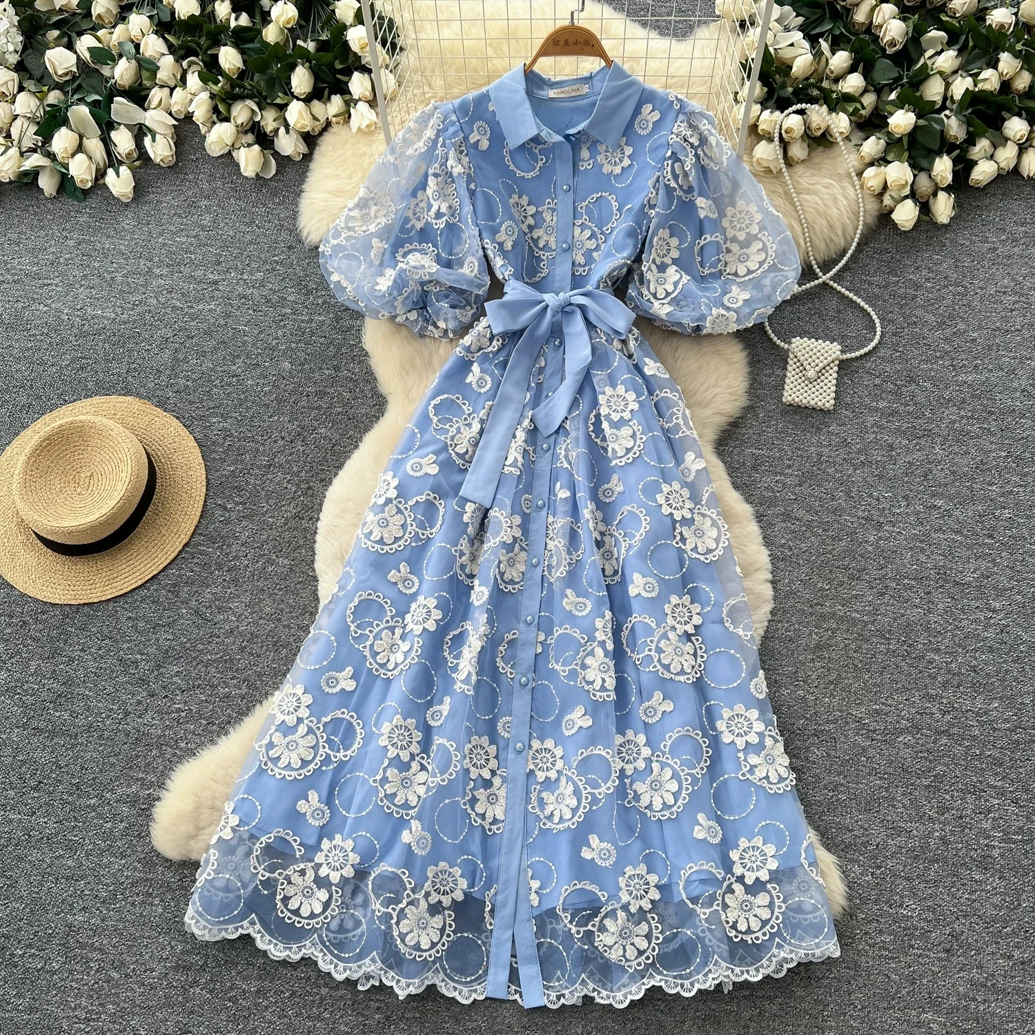 Greenora French Style Light Blue Lace Lapel Puff Sleeve Belted A-Line Maxi Dress Women Autumn Retro Slim Fit Evening Prom Long D