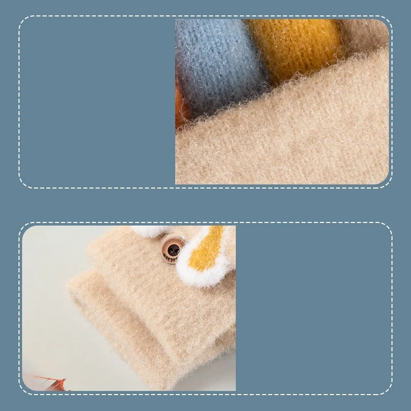 Winter Children Cartoon Gloves Cute Rabbit Thick Warm Kids Half Finger Flip Mittens Outdoor Toddler Windproof Gloves For 1-12Yrs image 6