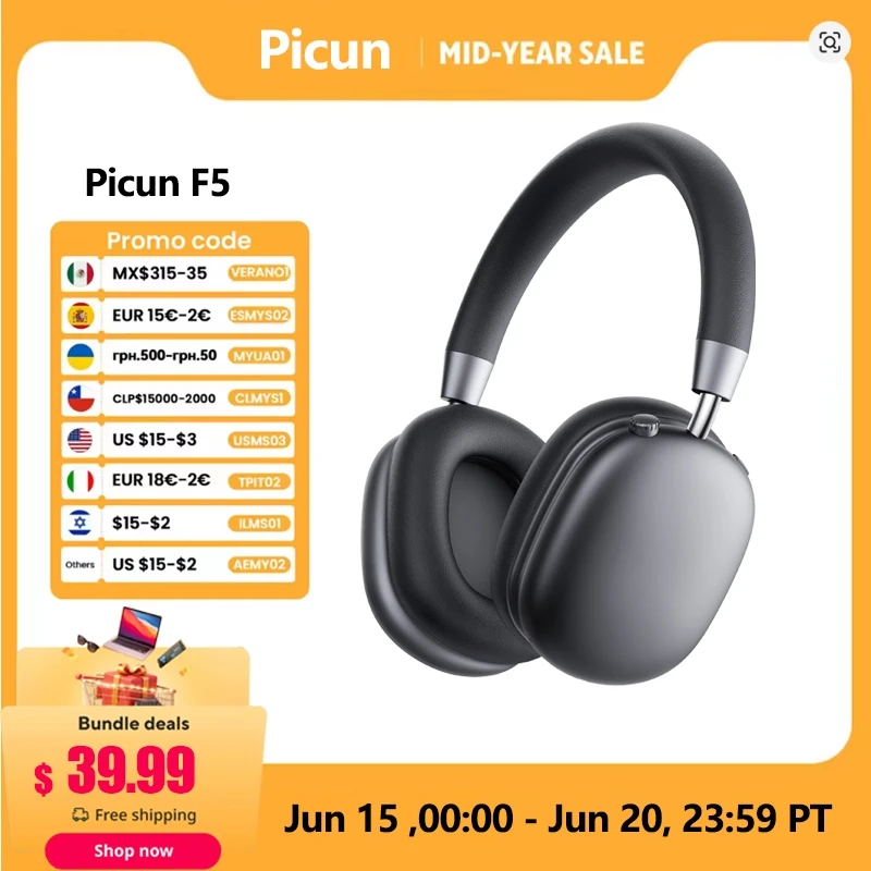 Picun F5 ANC Bezprzewodowe słuchawki Bluetooth 5.3 Hi-Res Audio nauszny zestaw słuchawkowy 25dB Adaptacyjne słuchawki z redukcją szumów 50H