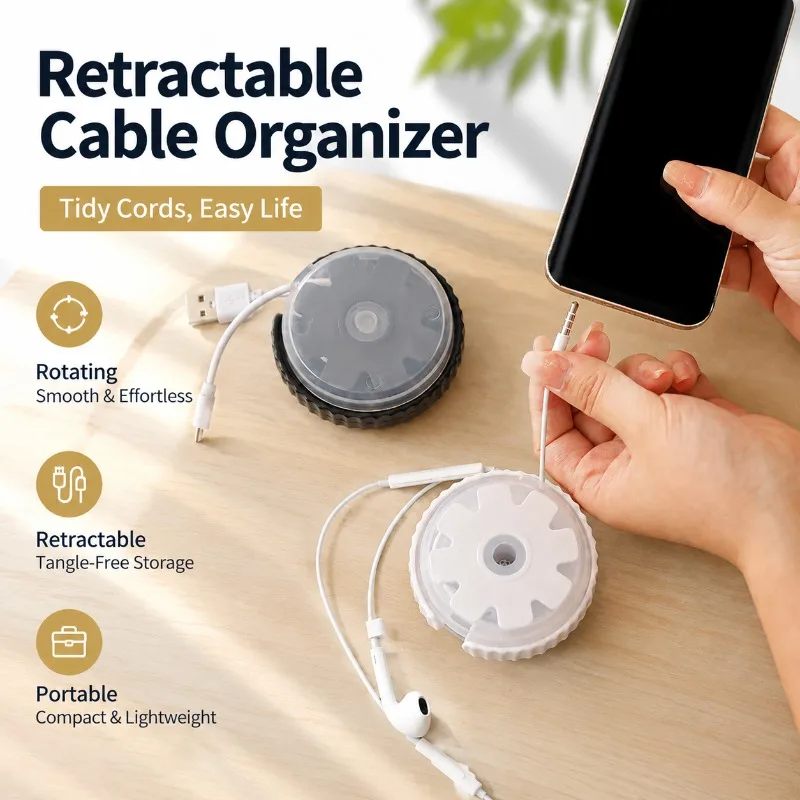 Cable Organizer Box Japanese Style Retractable Cord Storage Case Portable Rotating Cable Winder for Charging Cords