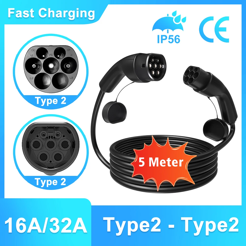 LONLINK Type2 To Type2 Ev Charging Cable 3Phase 16/32A Female To Male Plug 5M Cable 11KW 22kw IEC62196-2 EVES Charging Stations