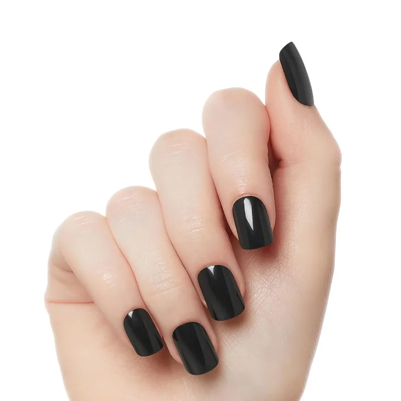 طقم مانيكير قصير أسود نقي على الأظافر 24 قطعة مع علامات تبويب غراء هدية للنساء طقم أظافر للعمل اليومي يدوم طويلاً #1