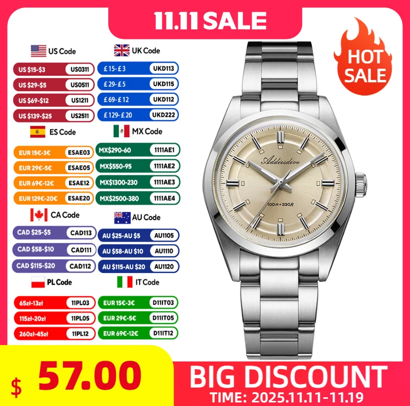ADDIESDIVE Quartz Man Watch Minimalist Style 100m Waterproof Super Luminous 36mm Bubble Glass 316L Stainless Steel Watches Male