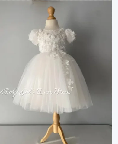 Tulle Short Sleeve Flower Girl Dress For Wedding Lace Appliques Beading Birthday Party Dress Graduation Ceremony Holiday