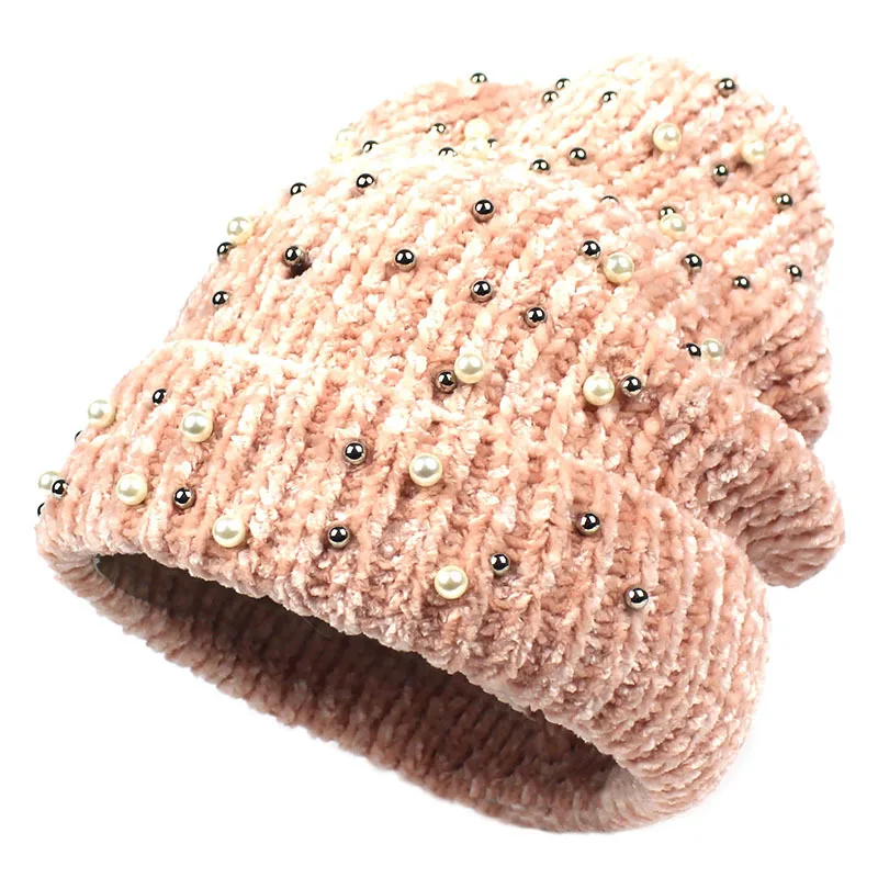 Pearl-trimmed Knitted Beanie for Ladies Warm Autumn/winter Pull-over Hat Fashionable Woolly Cap