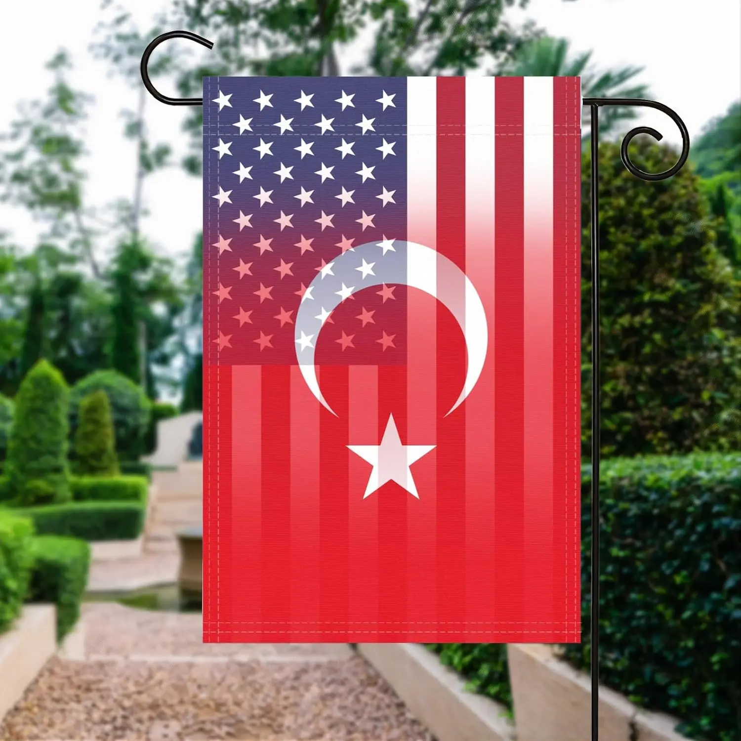 Turkish American Garden Flag Combined - 12x18 Inch Double Sided Hybrid Garden Flags, Vertical 100% Polyester, Weather-Resist EEZ