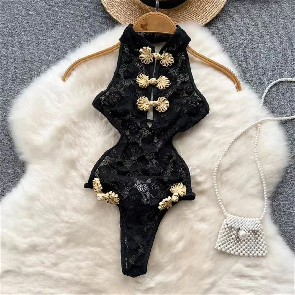 Spring Summer Sexy Lace Mesh Classical Metal Buckle With Hairball Jumpsuit Single-Breasted Eastern Style Stand Collar Bodysuit