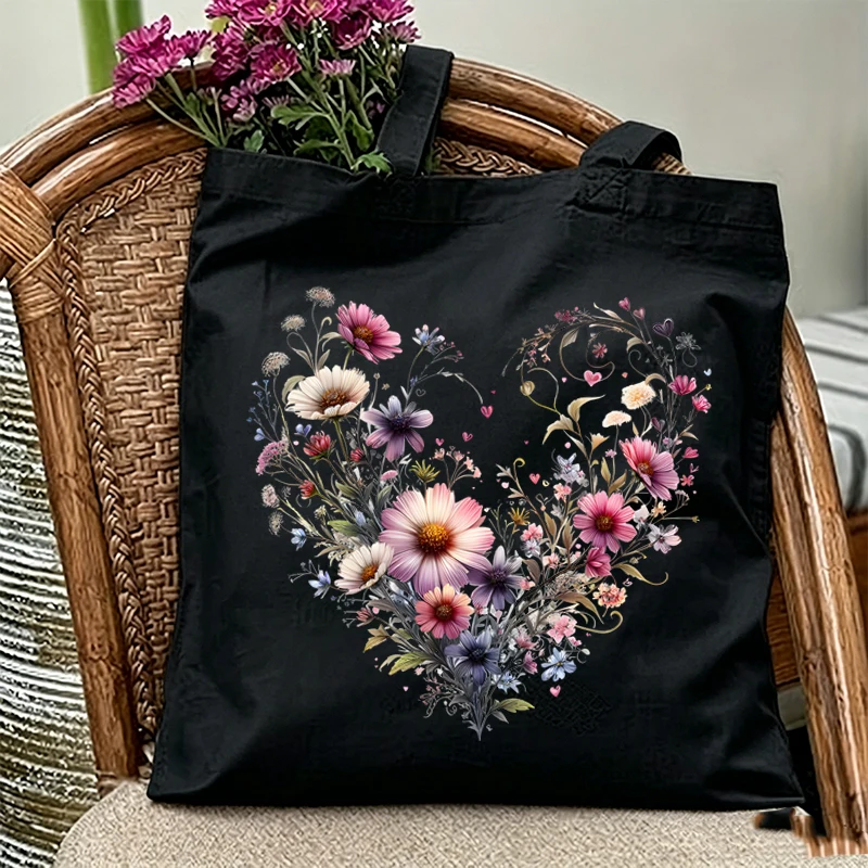 Vintage Wildflower Heart Aesthetic Shoulder Bags Women Flower Lover Gift Tote Bags Fashion Canvas Handbags