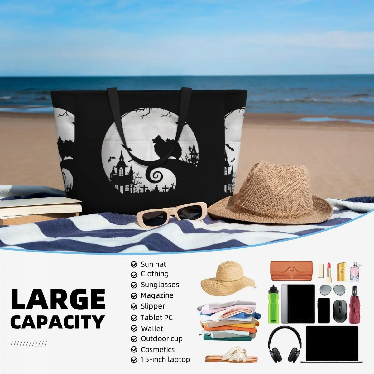 كلب صغير طويل الشعر والقمر هالوين حقيبة حمل على الشاطئ حقيبة رياضية رياضة اليوغا واق من المطر حقيبة حمل كبيرة المرأة حقيبة سفر حقيبة اللياقة البدنية #4