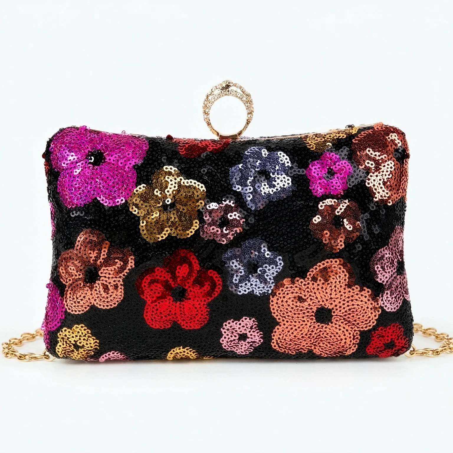 Gorgeous Chic Heavy Handmade Floral Sequin Evening Clutch, Rhinestone Ring Buckle Hardcase Party Purse With Metal Chain