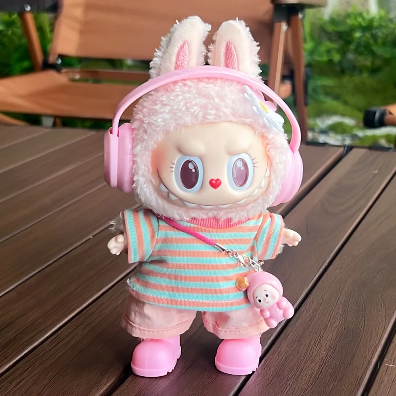 

Clothes For Labubu 15 Cm 17 Cm Dolls 1st To 3rd Generation Colorful Striped T Shirt And Shorts Set With Headphone Doll Hanging