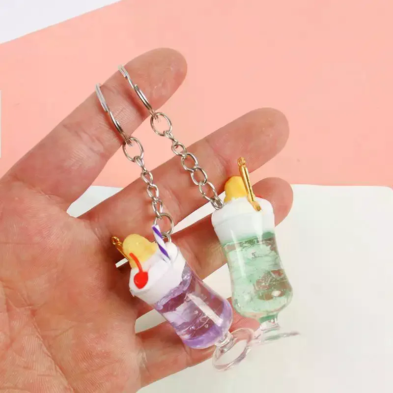 Mini Simulation Drink Cup Keychain Fake Juice Ice Cream Model Hanging Ornament Bag Pendant Decoration Car Keys Holder