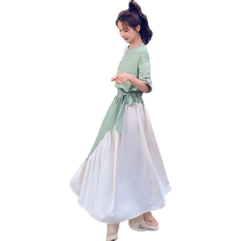 Women Summer New Niche Design Sense Short-sleeved A-line Dress Female Waist Collection Slim Temperament Grandiflorum Long Dress