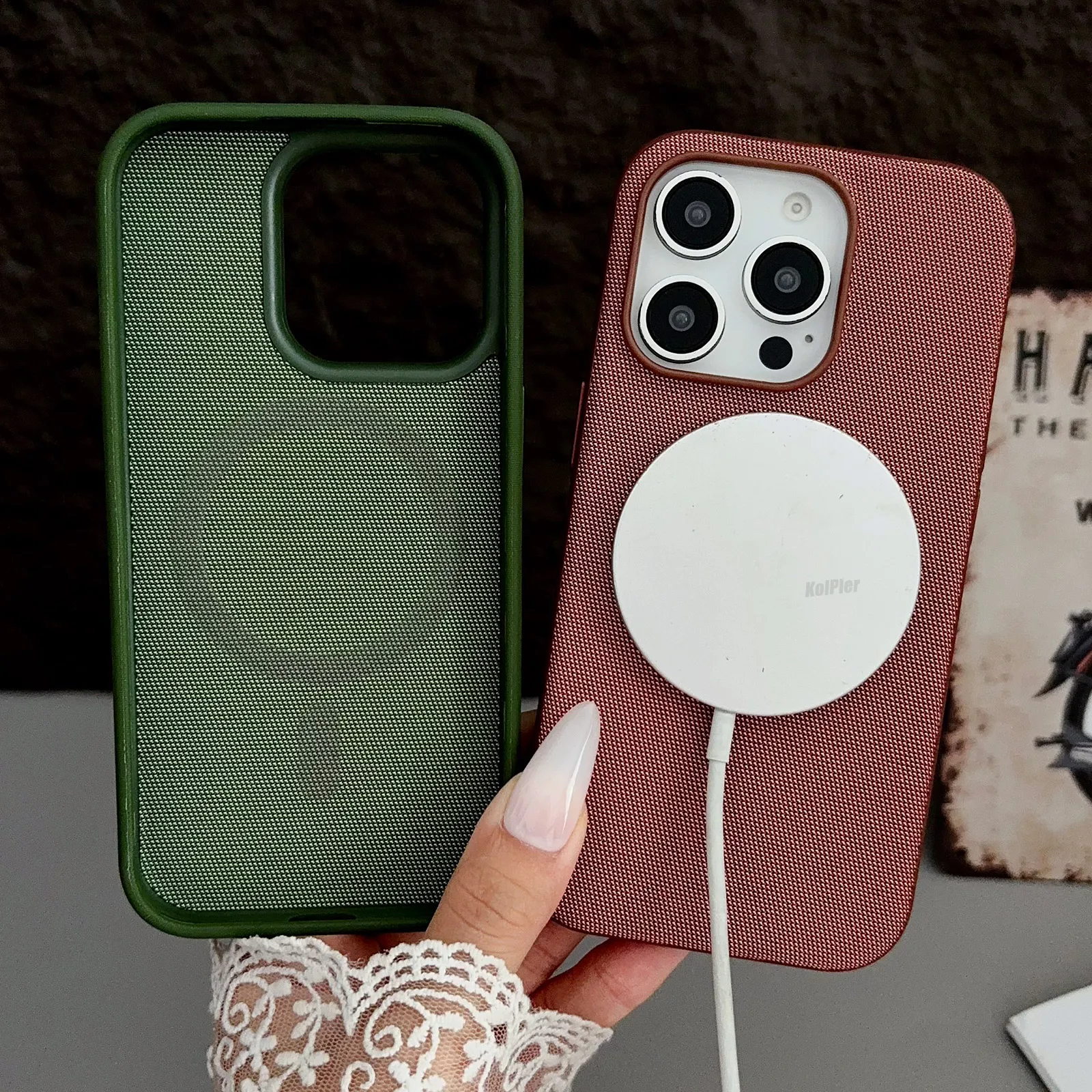 Textile Cloth Case For iPhone 16 Pro Max Magnetic Ring Wireless Charging Independent Metal Button Shockproof Protective Cover