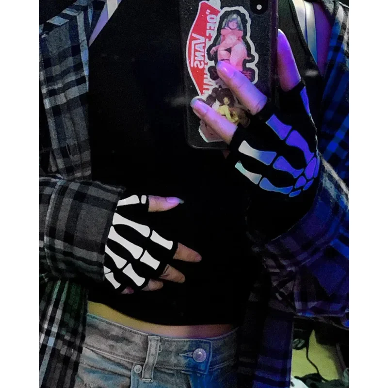 1-4 زوج قفازات للجنسين هالوين الهيكل العظمي الجمجمة نصف اصبع قفازات توهج في الظلام أصابع تمتد محبوك الشتاء القفازات