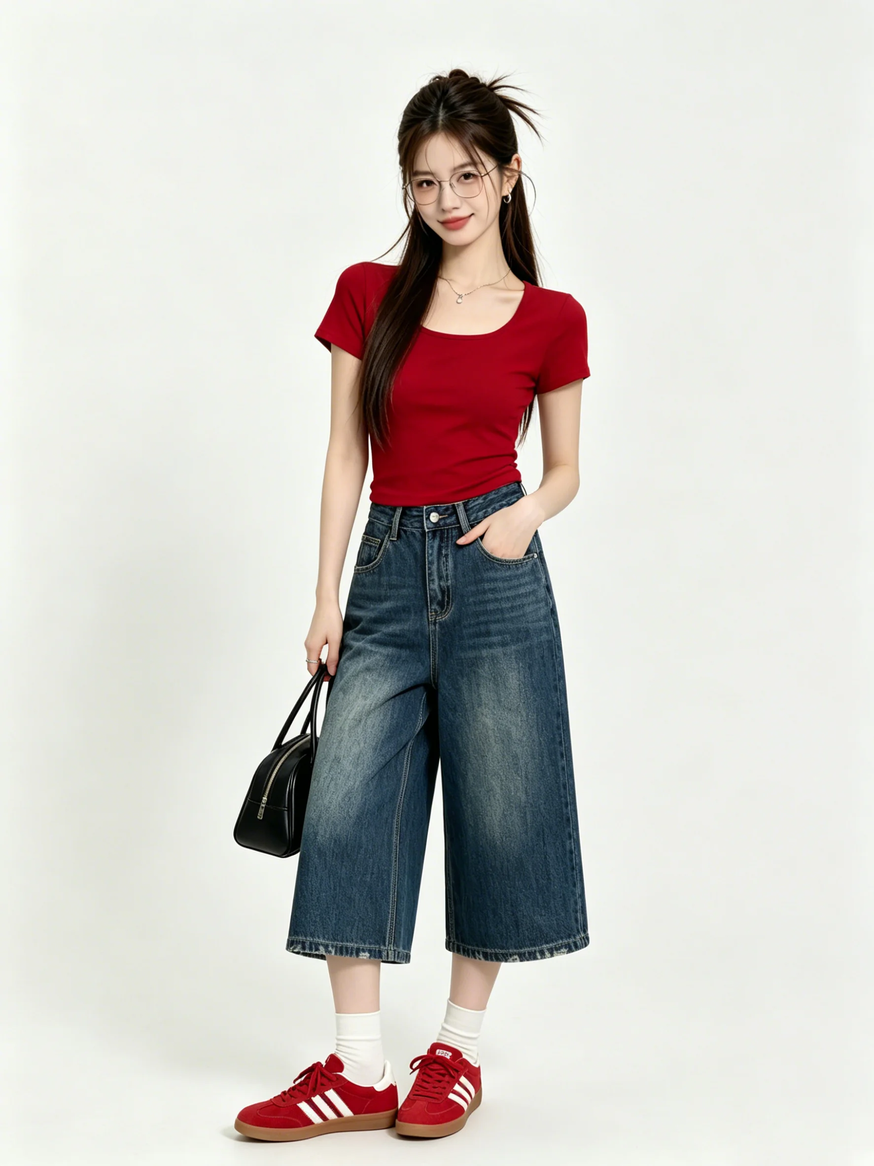 Retro Washed Deep Blue Wide Leg Seven-Foot Jeans Korean Style Summer Skin-Friendly Versatile Slimming Loose Denim Pants