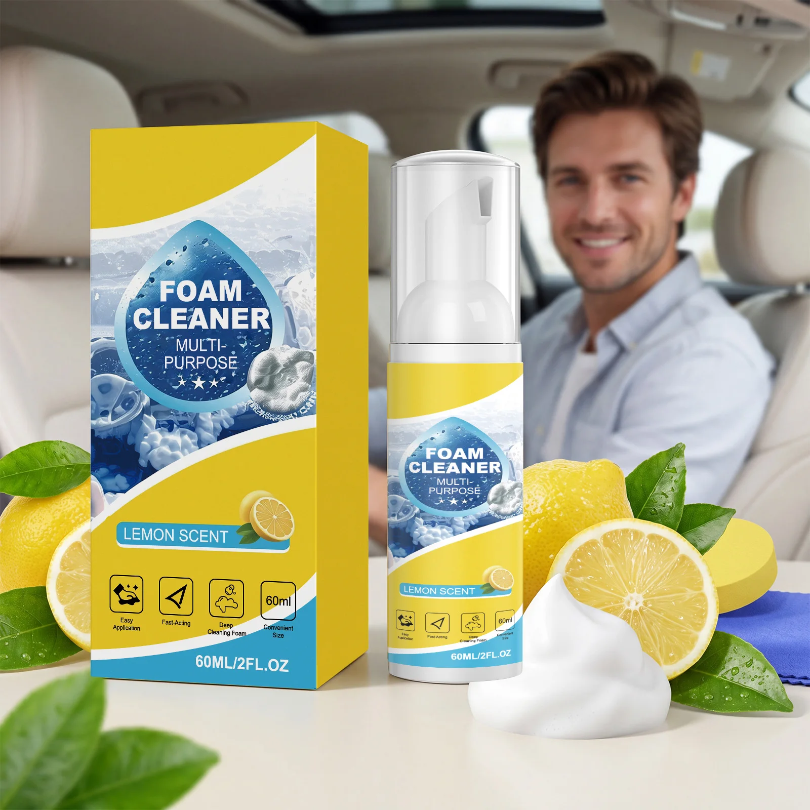 60ml Multi Purpose Foam Cleaner Travel Size No Rinse Cleansing Foam Lemon Scent Car Interior Cleaner Stain Remover Kit