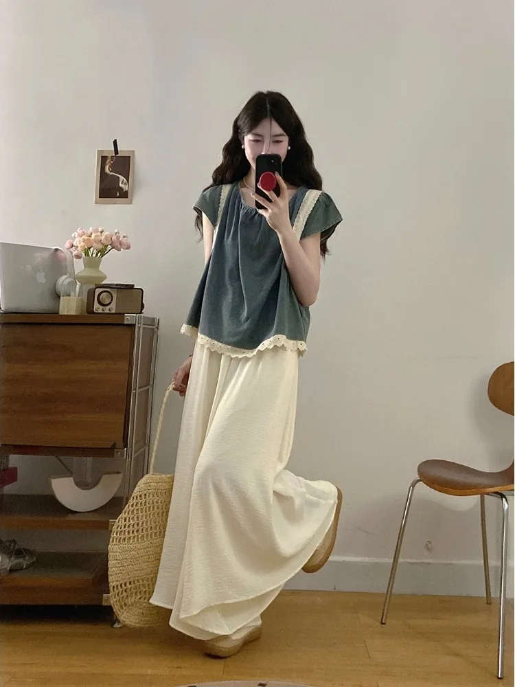 

plus Size Fashion Set Lace Splicing Short Sleeve Denim Shirt Women Summer Slim High Waist Wide Leg Casual Pants