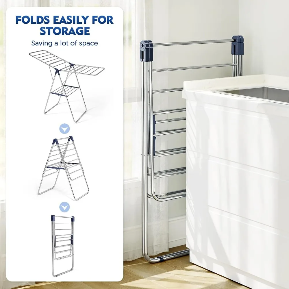 Clothes Drying Rack, Drying Rack Clothing with Height-Adjustable, Foldable Gullwings Laundry Drying Rack, Indoor Outdoor Use, N