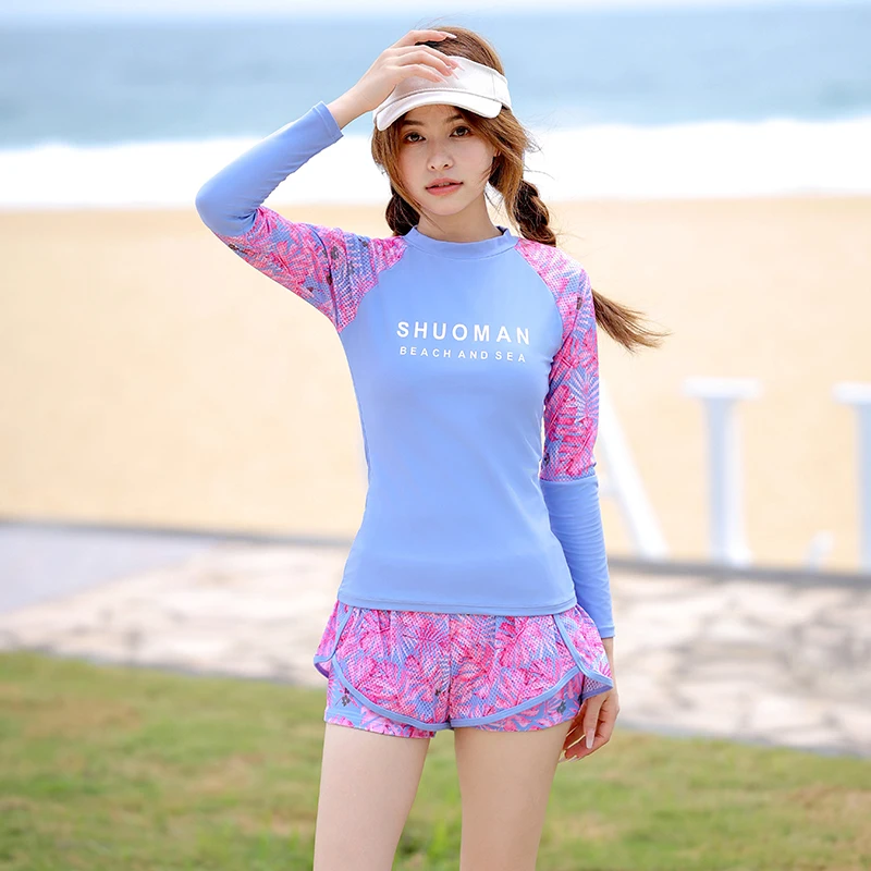 

Long Sleeve Rash Guard Women Printed 2 Pieces Swimsuit Swimwear Bathing Suits Surfing 2023 Diving Sports Uv Protection Shorts