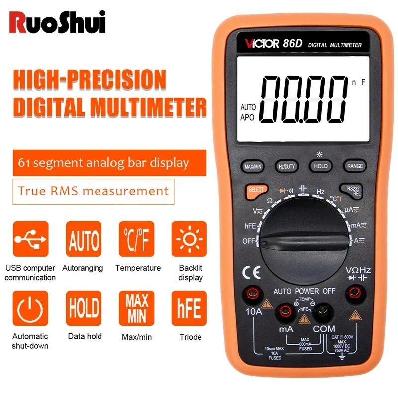 

RUOSHUI 86 Digital Multimeter 22000 Counts Auto Range ACDC Temperature Frequency Capacitor USB Tester Connect Transfer Polymeter