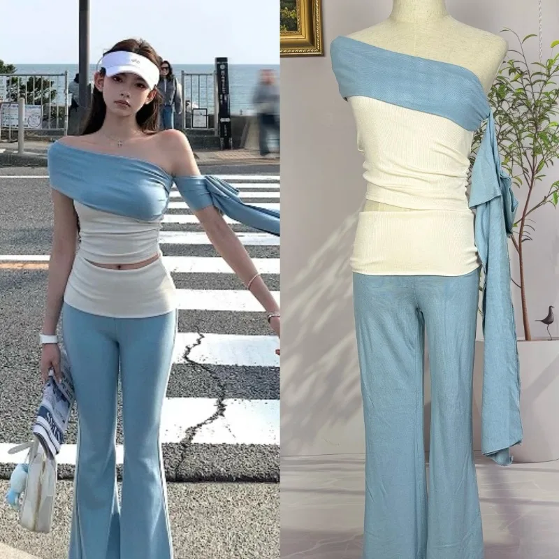 

Hot Girl Suit Women's Summer Ribbon Contrasting Color Off Shoulder Top High Waist Wide Leg Pants Two-piece Set Female Clothes