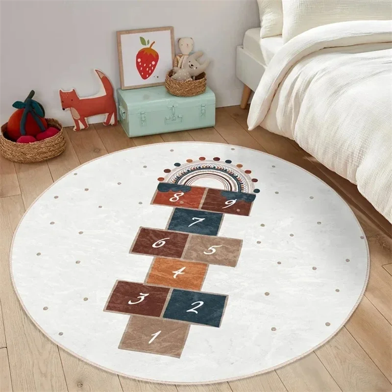 Boy Round Rug Hopscotch Floor Carpet Animals Non Slip Circle Rugs Anti Slip Mat Playground Area Rugs Beige Rug for Kid's Room