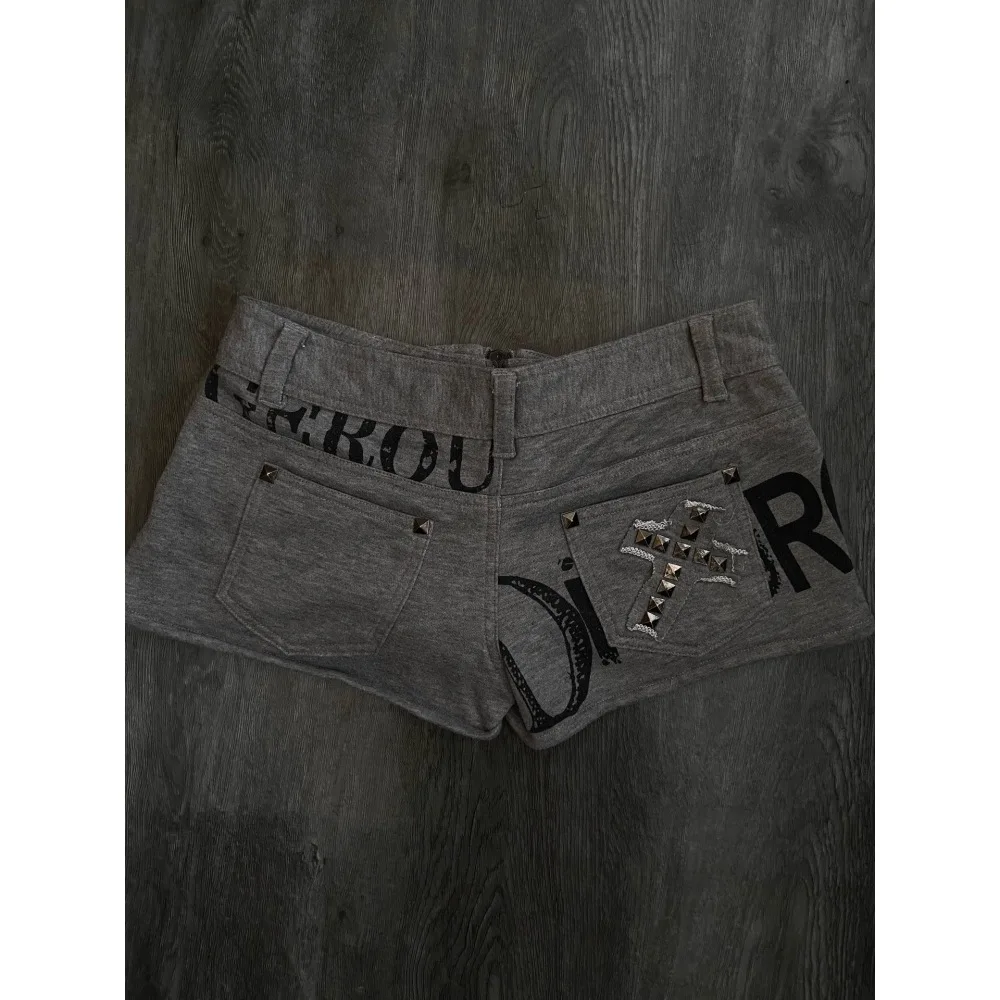 Gothic street style women's low waist rivet cross shorts made of old letter printed zipper breasted hot pants for spice girls.