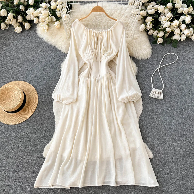 

New Spring Summer Beach Holiday Style Dress Women Elegant Slash Neck Off Shoulder Lace-up High Waist Dress Lady Casual Dresses