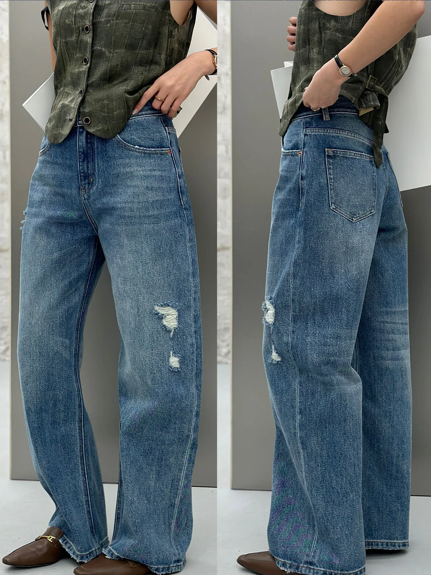 

Bodhl Retro Cotton Denim Jeans High Waist Wide Leg Pants Women's Versatile Faionable Hole Design Casual All Season