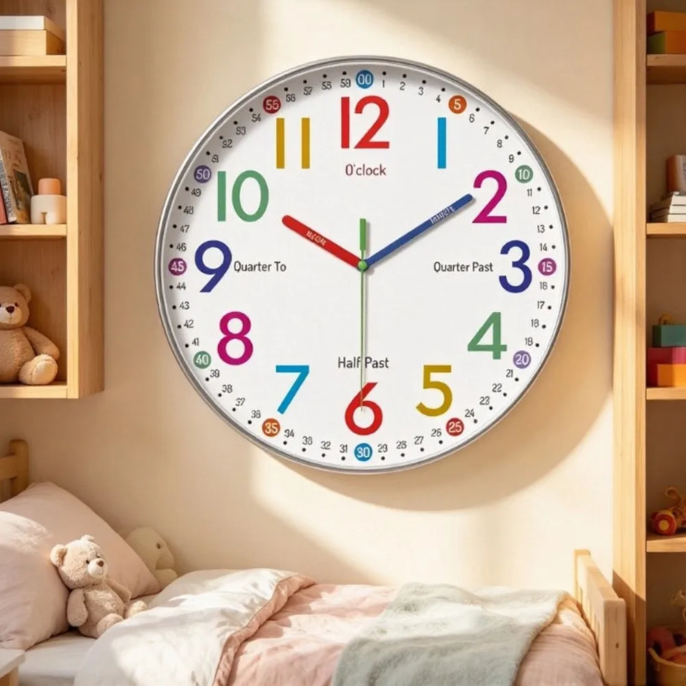 Wall Clock 8 Inch Silent Quartz Design Colorful Number Layout for Time Learning and Cheerful Room Decoration at Home School