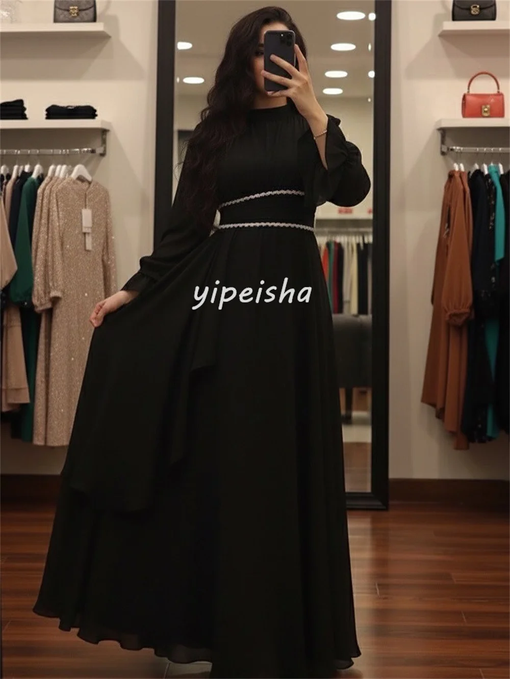 Eleganckie, szyfonowe sukienki wieczorowe z plisami, drapowanym szarfem, zdobione cyrkoniami, o kroju litery A, z wysokim kołnierzem, dostępne różne rozmiary, modne.