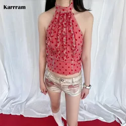 Karrram Y2k Aesthetics Red Halter Tops Vintage 2000s Style Polka Dot Camisole Japanese Harajuku Backless Tank Top Korean Popular