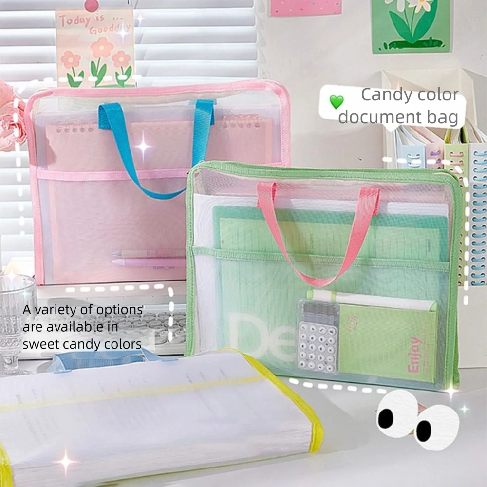 Candy Color Test Paper Storage Bag Visible Multifunctional Zipper Mesh Bags Portable Dustproof Student Tote Bags