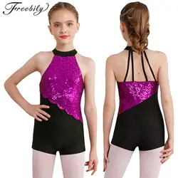 Kids Girls Ballet Dance Leotard Glittery Sequins Sleeveless Bodysuit for Figure Skating Rhythmic Gymnastics Stage Performance