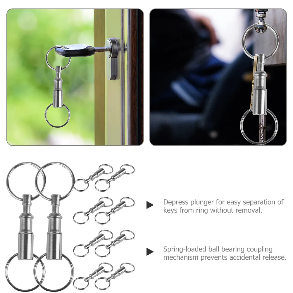 10Pcs Silver Chrome-Plated Zinc Key Holder 8x2.5cm Dual Split Ring Quick Release Spring Snap Detach for Home Office Keys Tools