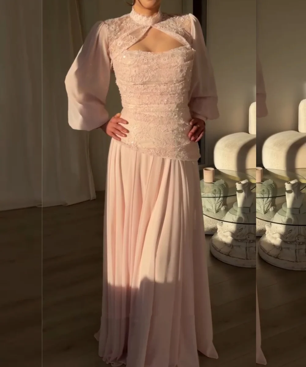 Maßgeschneiderte, moderne Chiffon-Plissee-Kleider mit Pailletten und Spitze, A-Linie, hoher Kragen, lange, maßgeschneiderte Abendkleider für besondere Anlässe, klassisch