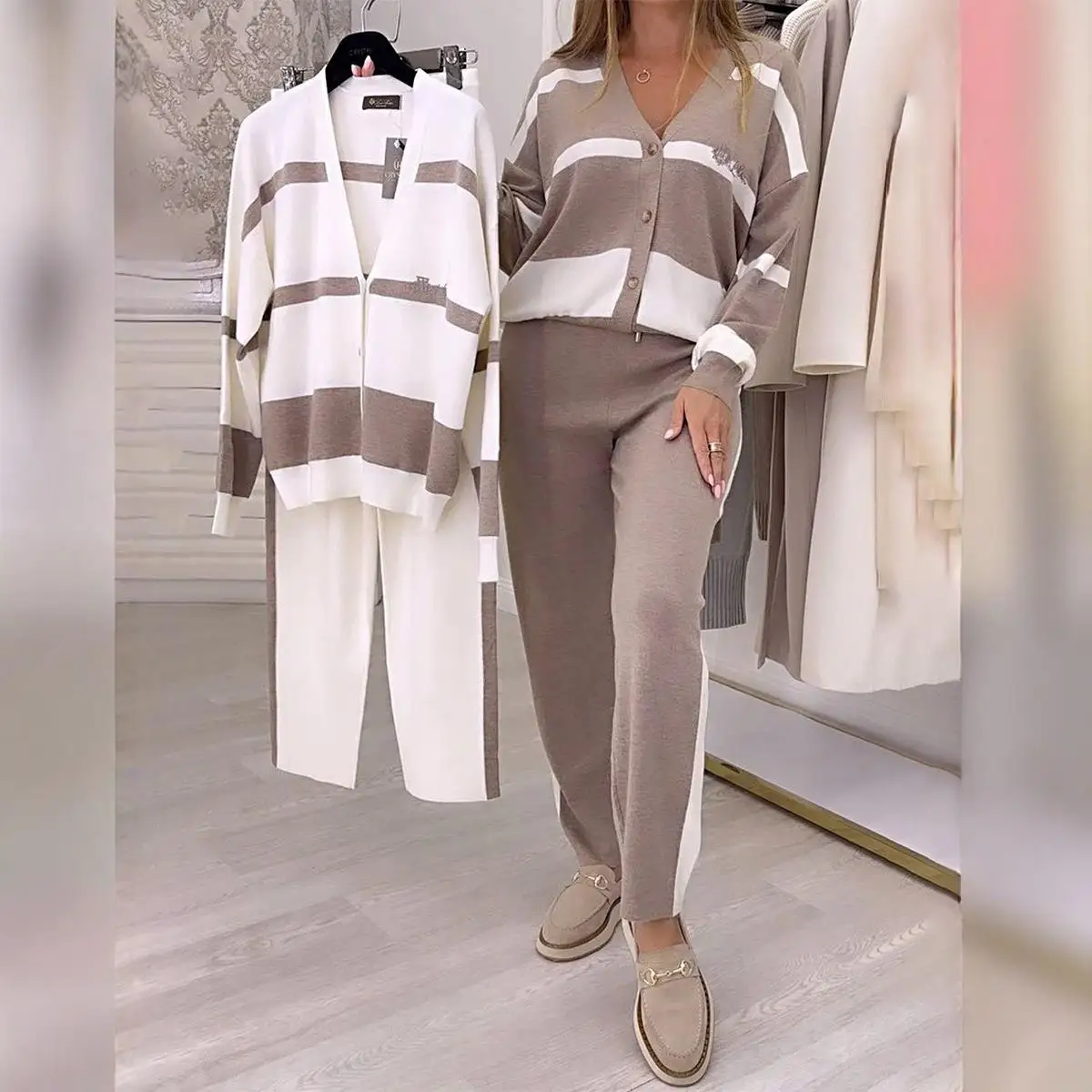 

Повседневный женский комплект в стиле ретро Faion, костюм из двух предметов, полосатый лоскутный топ и длинные брюки, независимая станция, трансграничные поездки на работу