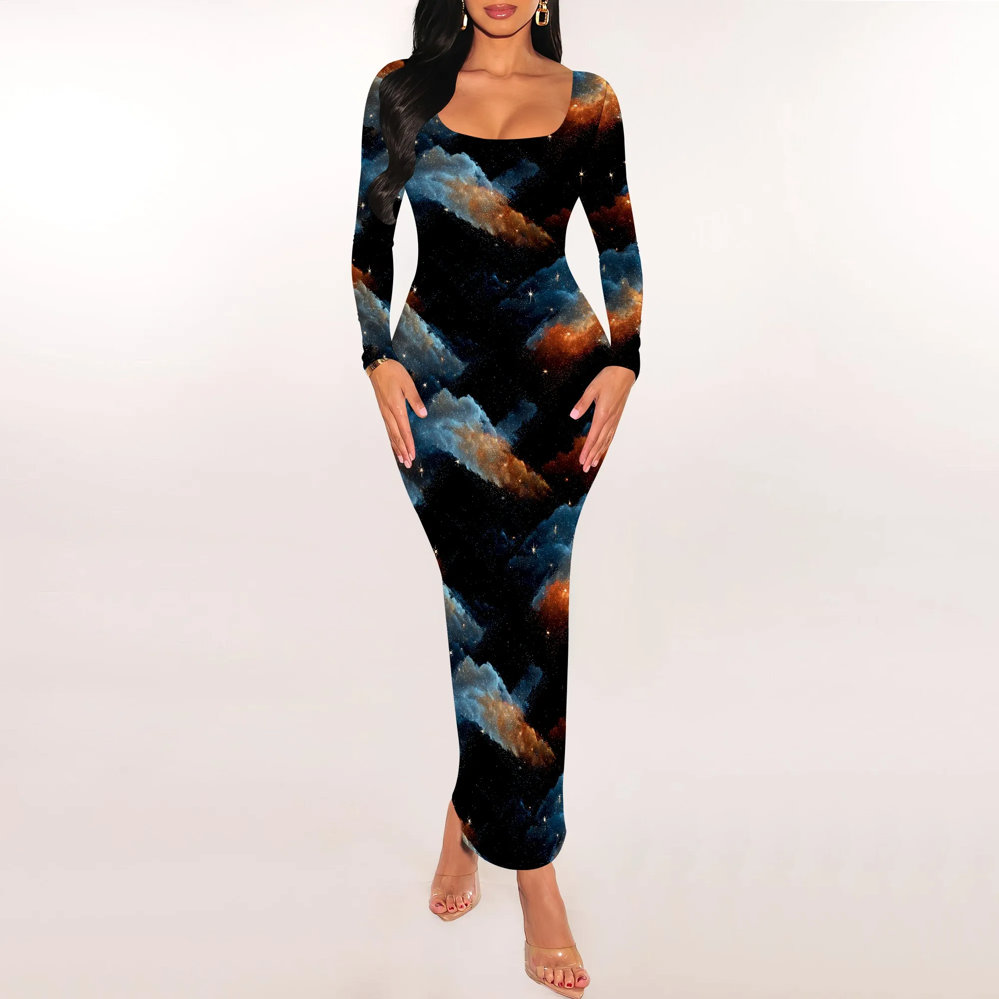 Abito lungo maxi aderente da donna a maniche lunghe con scollo quadrato