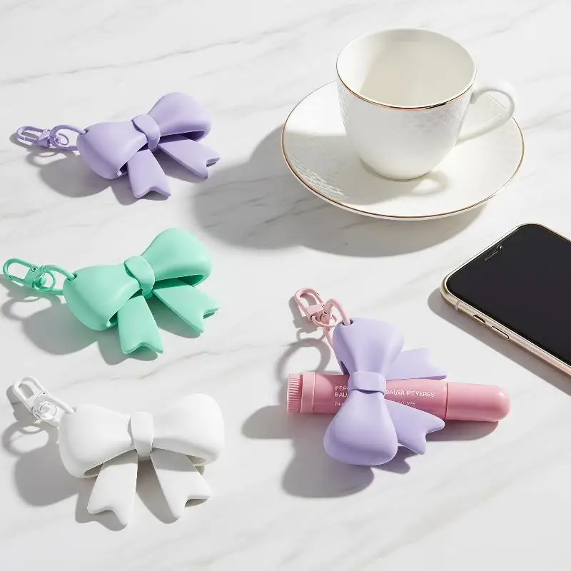 Silicone Bow Lipstick Holder Keychain Lightweight Dustproof Lip Gloss Protective Sleeve Pendant for Outdoor Travel Use